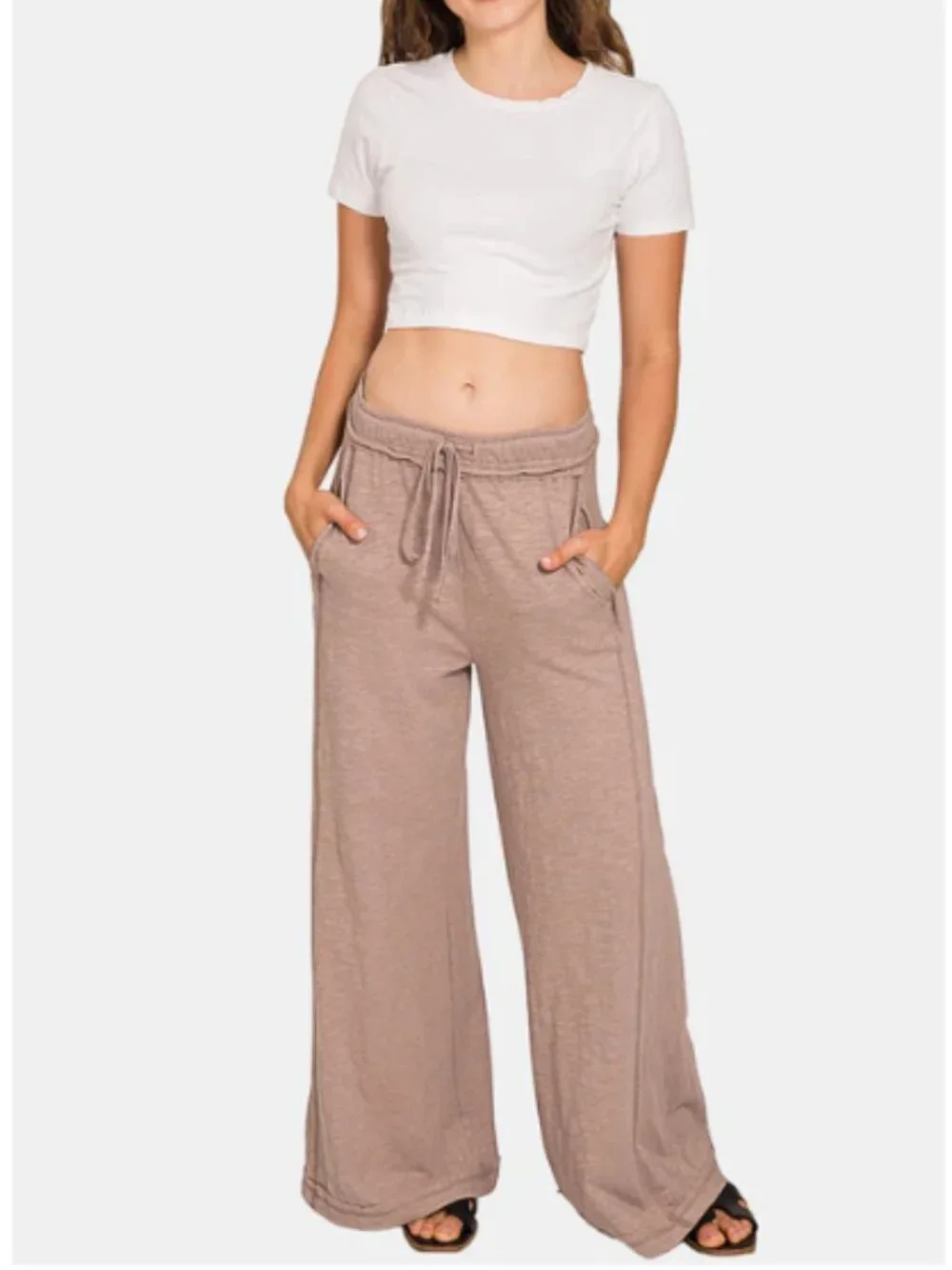 NEW Zenana 100% Cotton Relaxed Slub Short-Sleeved Top Pants Set Beige CSTP-3478 - Picture 5 of 16